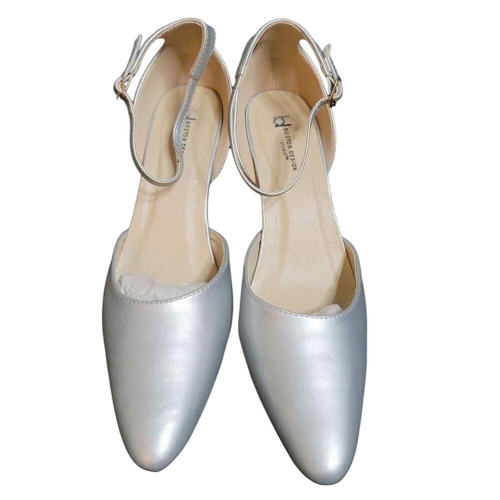 Boston Design Studio 9.5W Silver Heels Wedding Formal Ankle Strap Pumps